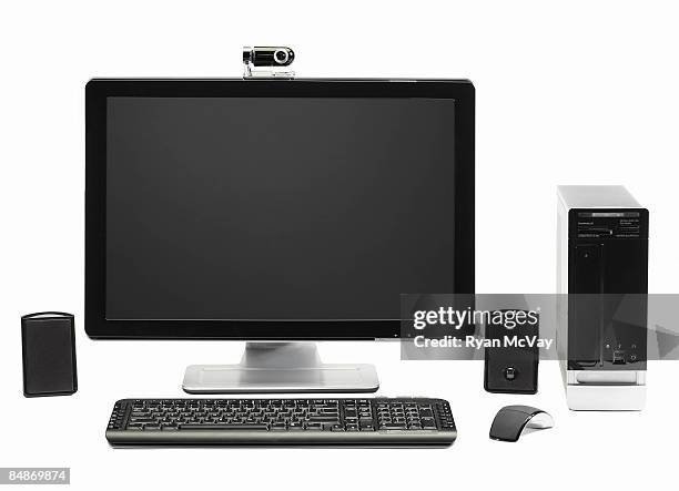 computer with webcam, speakers, mouse and keyboard - computer speakers stock pictures, royalty-free photos & images