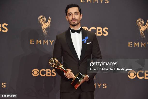 Actor Riz Ahmed, winner of Outstanding Lead Actor in a Limited Series or Movie for 'The Night of', poses in the press room during the 69th Annual...