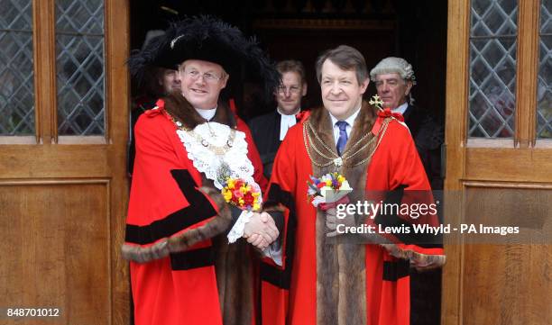 The New Lord Mayor of the City of London Roger Gifford with the previous Lord Mayor Alderman David Wootton at the Guildhall in London after his...