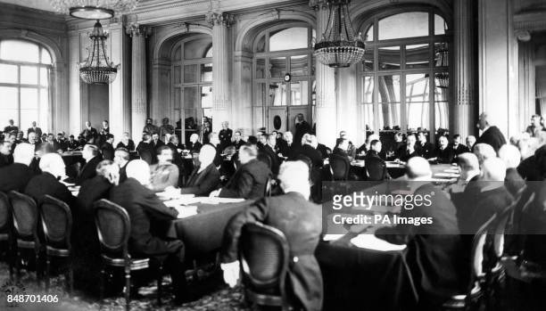 Clemenceau addresses delegates at the Trianon Palace Hotel during the Versailles peace conference.