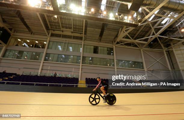 Sir Chris Hoy has his first trip on the track during the opening of the new Sir Chris Hoy Velodrome, Glasgow.