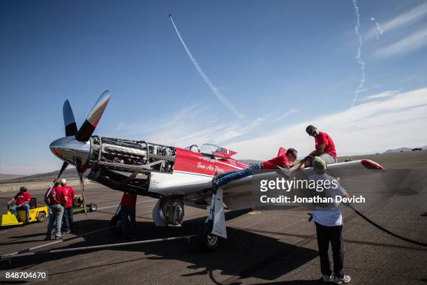 Unlimited gold class winning plane Strega gets fueled up before the final race at the Reno Championship Air Races on September 17, 2017 in Reno,...