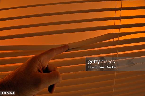Mans Hand On Window Blinds, Foto de stock
