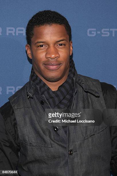 Actor Nate Parker pose backstage at the G Star Fall 2009 fashion show during Mercedes-Benz Fashion Week at the Hammerstein Ballroom on February 17,...