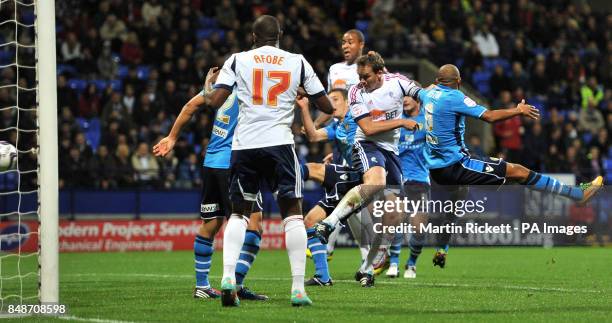 Bolton Wanderers Kevin Davies scores during the npower Championship match at the Reebok Stadium, Bolton.