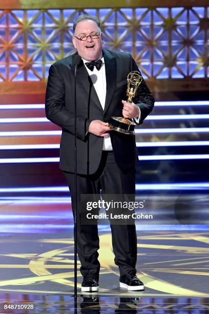 Writer Bruce Miller accepts the Outstanding Writing for a Drama Series award for 'The Handmaid's Tale' onstage during the 69th Annual Primetime Emmy...