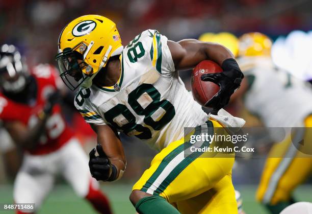 Ty Montgomery of the Green Bay Packers runs with the ball during the second half against the Atlanta Falcons at Mercedes-Benz Stadium on September...