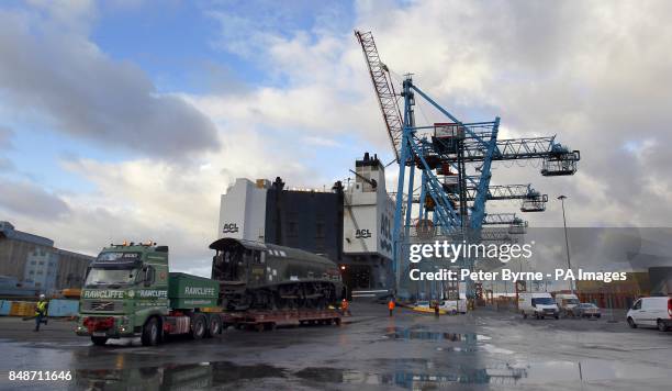 The transatlantic sisters of the Mallard, the world's fastest steam locomotive, arrive at Peel Port, Liverpool, the Dominion of Canada and Dwight D...