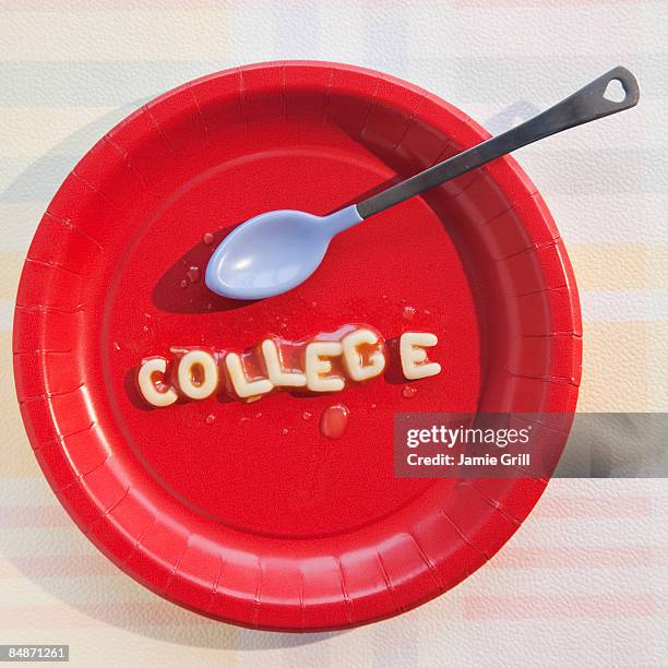 'college' written in pasta letters - plastic plate fotografías e imágenes de stock