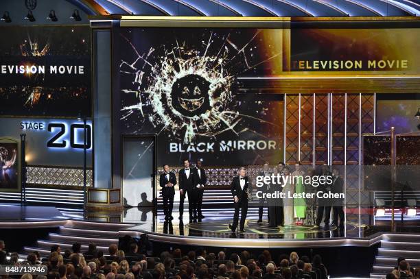 The cast and crew of Black Mirror accept an award onstage during the 69th Annual Primetime Emmy Awards at Microsoft Theater on September 17, 2017 in...