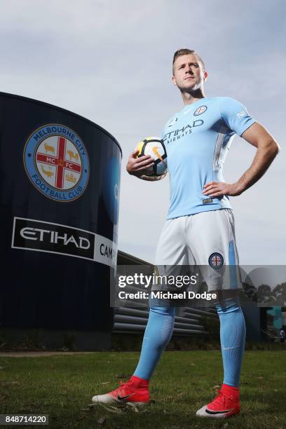 New marquet signing Marcin Budzinksi poses during a Melbourne City A-League press conference at the City Football Academy on September 18, 2017 in...