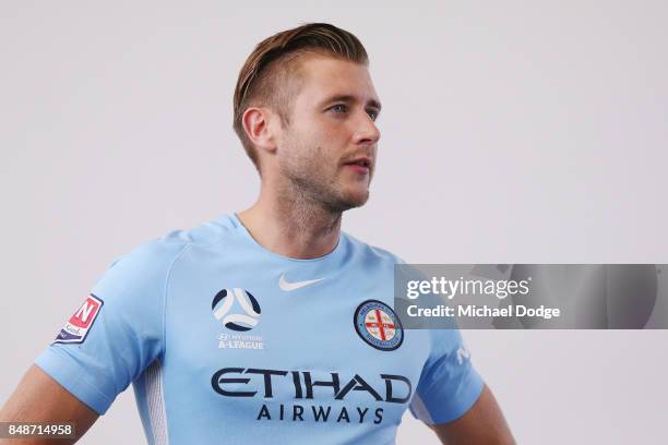 New marquet signing Marcin Budzinksi speaks to McDonalds Junior program kids during a Melbourne City A-League press conference at the City Football...