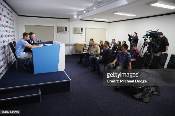 New marquet signing Marcin Budzinksi speaks to media during a Melbourne City A-League press conference at the City Football Academy on September 18,...