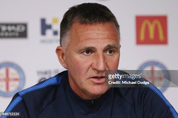 New marquet signing Marcin Budzinksi and coach Warren Joyce speaks to media during a Melbourne City A-League press conference at the City Football...