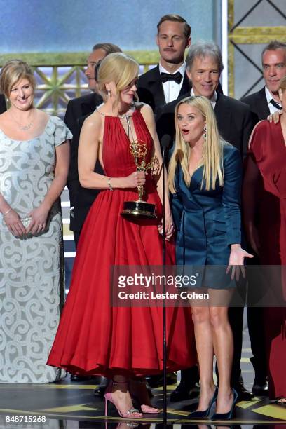 Cast and crew of 'Big Little Lies' accept the Outstanding Limited Series award onstage during the 69th Annual Primetime Emmy Awards at Microsoft...
