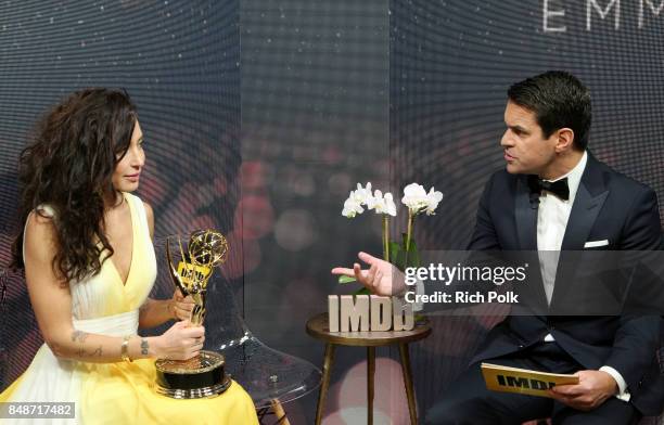 Director Reed Morano , winner of the award for Outstanding Directing in a Drama Series for 'The Handmaid's Tale,' and host Dave Karger attend IMDb...