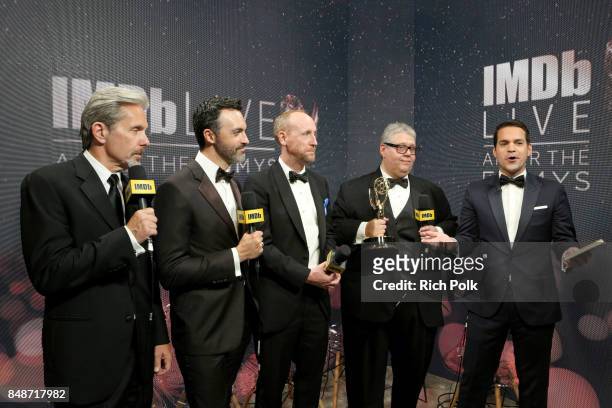 Actors Gary Cole, Reid Scott, Matt Walsh, producer David Mandel, winners of the award for Outstanding Comedy Series for 'Veep,' and host Dave Karger...