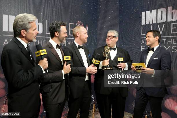 Actors Gary Cole, Reid Scott, Matt Walsh, producer David Mandel, winners of the award for Outstanding Comedy Series for 'Veep,' and host Dave Karger...