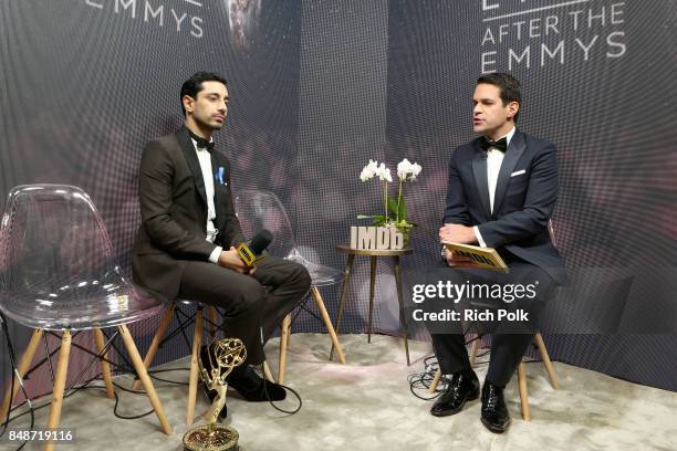 Actor Riz Ahmed, winner of the award for Outstanding Lead Actor in a Limited Series or Movie for 'The Night of', and host Dave Karger attend IMDb...