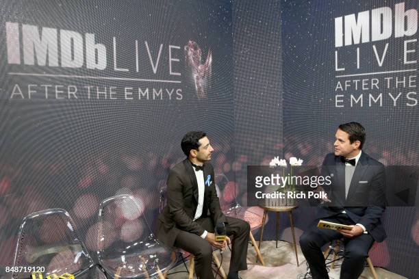 Actor Riz Ahmed, winner of the award for Outstanding Lead Actor in a Limited Series or Movie for 'The Night of', and host Dave Karger attend IMDb...