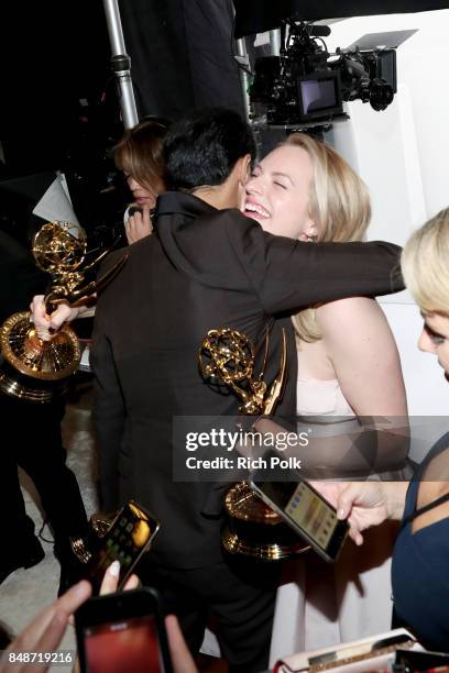 Actor Riz Ahmed , winner of the award for Outstanding Lead Actor in a Limited Series or Movie for 'The Night of', and actor Elisabeth Moss, winner of...