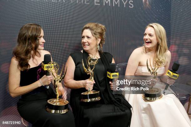 Actors Alexis Bledel, Ann Dowd, and Elisabeth Moss, winners of the award for Outstanding Drama Series for 'The Handmaid's Tale,' attend IMDb LIVE...