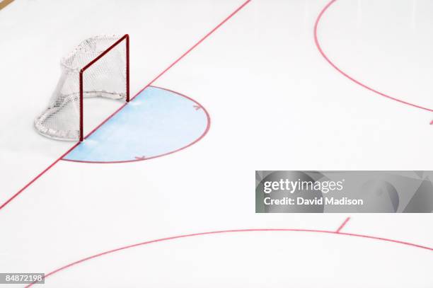 ice hockey goal net and empty rink. - pista de hockey de hielo fotografías e imágenes de stock