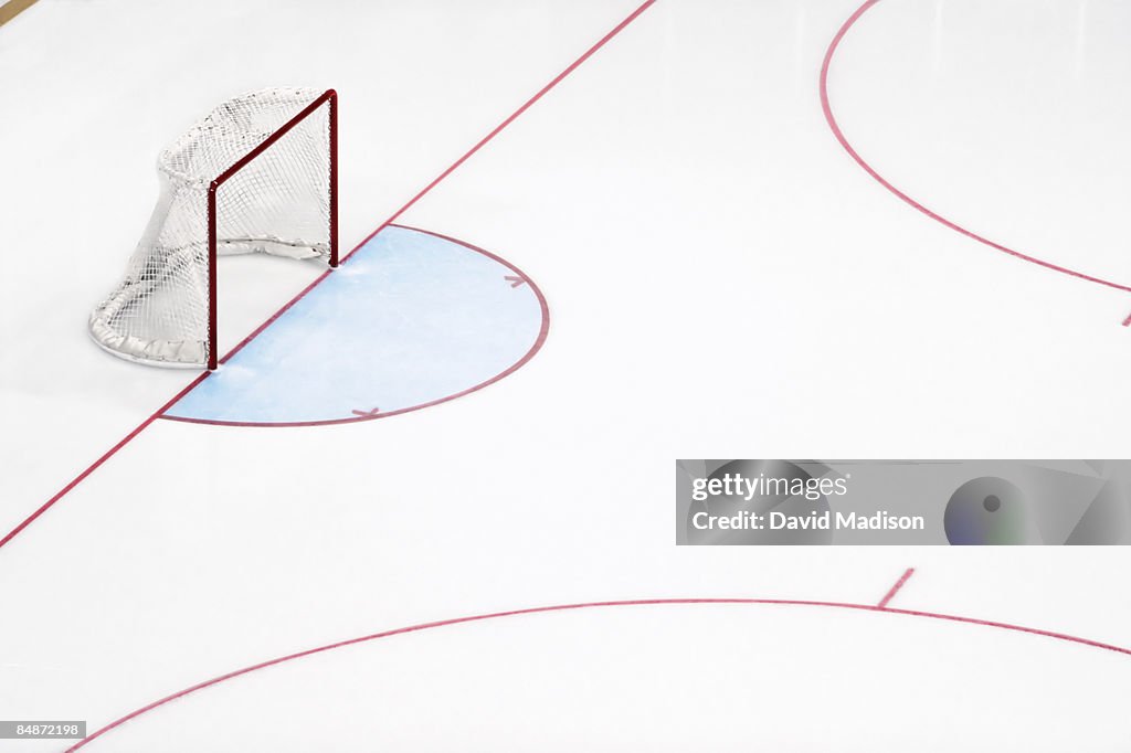 Ice hockey goal net and empty rink.