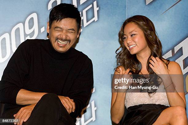 Actor Chow Yun-Fat and actress Jamie Chung attends the 'Dragonball Evolution' press conference at the Shilla Seoul on February 18, 2009 in Seoul,...