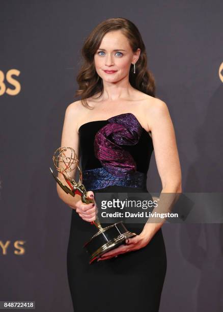 Actor Alexis Bledel of 'The Handmaid's Tale,' winner of the award for Outstanding Drama Series, poses in the press room during the 69th Annual...