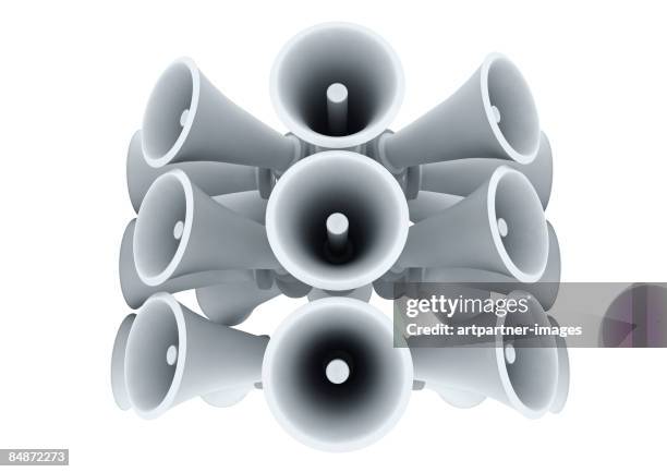 ilustraciones, imágenes clip art, dibujos animados e iconos de stock de white speakers or megaphones - grupo mediano de objetos