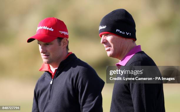 Andrew Strauss and Shane Warne during day two of the Alfred Dunhill Links Championship at Carnoustie Golf Course, Angus.