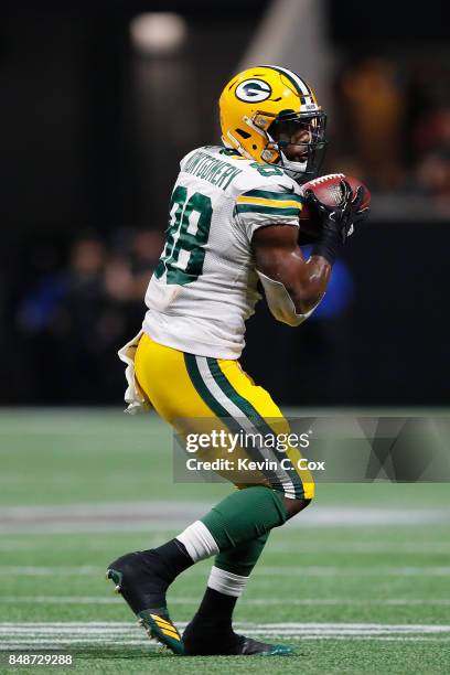 Ty Montgomery of the Green Bay Packers makes a reception during the second half against the Atlanta Falcons at Mercedes-Benz Stadium on September 17,...