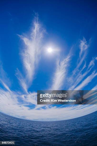 sun and dramatic cirrus cloud over sea, fisheye - westerskov stock pictures, royalty-free photos & images