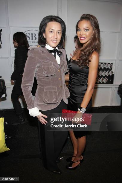 Designer Chocheng and Miss USA Crystle Stewart attend Chocheng Fall 2009 during Mercedes-Benz Fashion Week at The Salon in Bryant Park on February...