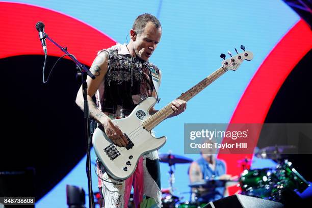 Flea and Chad Smith of Red Hot Chili Peppers performs onstage during Day 3 at The Meadows Music & Arts Festival at Citi Field on September 17, 2017...