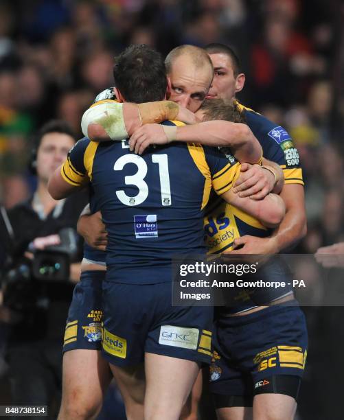 Leeds Rhinos' Carl Ablett celebrates after scoring a try during the Stobart Super League Grand Final at Old Trafford, Manchester.