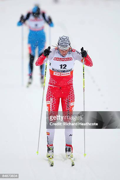 Katja Visnar of Slovenia crosses the finish line during the Ladies 5KM Individual Classic Qualification Race at the FIS Nordic World Ski...