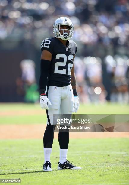 Gareon Conley of the Oakland Raiders stands on the field during their game against the New York Jets at Oakland-Alameda County Coliseum on September...