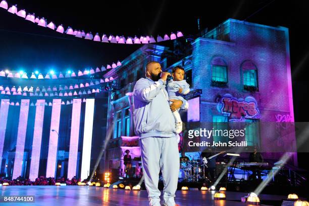 Khaled and Asahd Tuck Khaled onstage at VH1 Hip Hop Honors: The 90s Game Changers at Paramount Studios on September 17, 2017 in Los Angeles,...