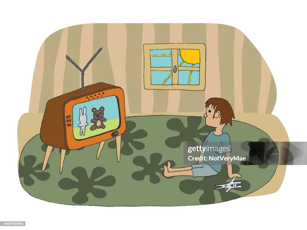 Vector Mano Dibujada Ilustración De Un Niño Stting En El Piso Y Viendo Tv  Ilustración de stock - Getty Images