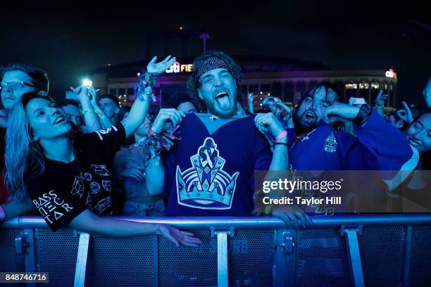 Festival-goers attend Bassnectar performs onstage during Day 3 at The Meadows Music & Arts Festival at Citi Field on September 17, 2017 in New York...