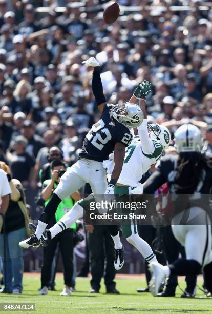 Gareon Conley of the Oakland Raiders breaks up a pass intended for Jermaine Kearse of the New York Jets at Oakland-Alameda County Coliseum on...