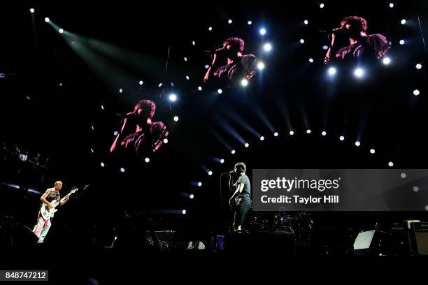 Flea, Chad Smith, Anthony Kiedis and Josh Klinghoffer of Red Hot Chili Peppers perform onstage during Day 3 at The Meadows Music & Arts Festival at...