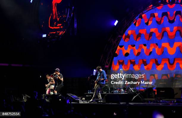 Flea, Anthony Kiedis, Josh Klinghoffer, and Chad Smith of Red Hot Chili Peppers perform onstage during Day 3 at The Meadows Music & Arts Festival at...