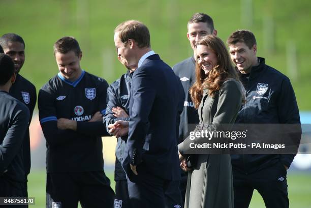 The Duke and Duchess of Cambridge meet the England players after the training session during the official launch of The Football Association's...