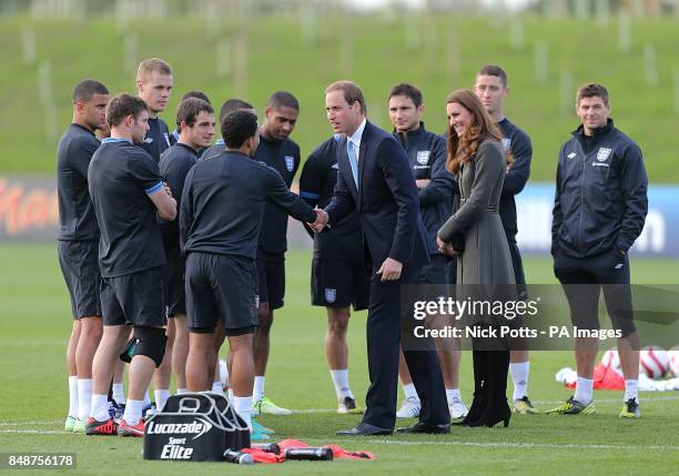 The Duke and Duchess of Cambridge meet the England players after the training session during the official launch of The Football Association's...