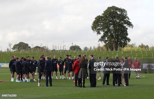 The Duke and Duchess of Cambridge meet the England squad during the official launch of The Football Association's National Football Centre at St...