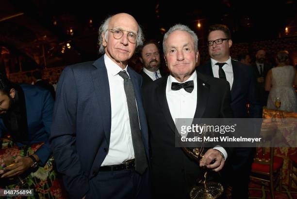 Larry David and Lorne Michaels attend HBO's Post Emmy Awards Reception at The Plaza at the Pacific Design Center on September 17, 2017 in Los...