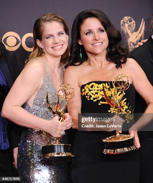 Actresses Anna Chlumsky and Julia Louis-Dreyfus pose in the press room at the 69th annual Primetime Emmy Awards at Microsoft Theater on September 17,...